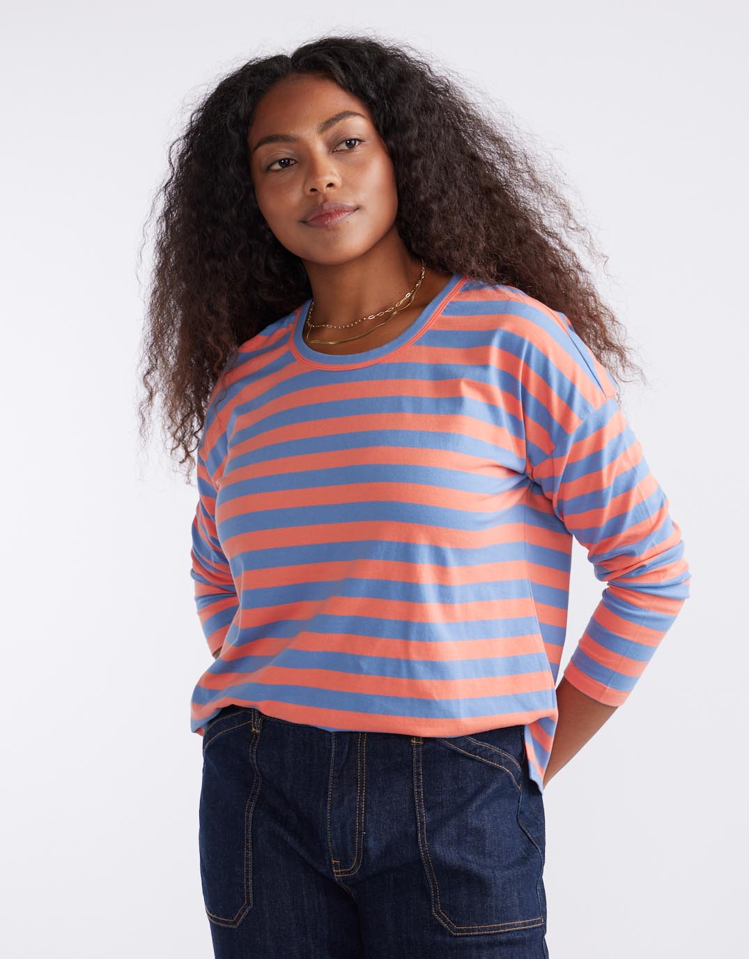 Relaxed Long Sleeve T-Shirt - Melon/Denim Stripe