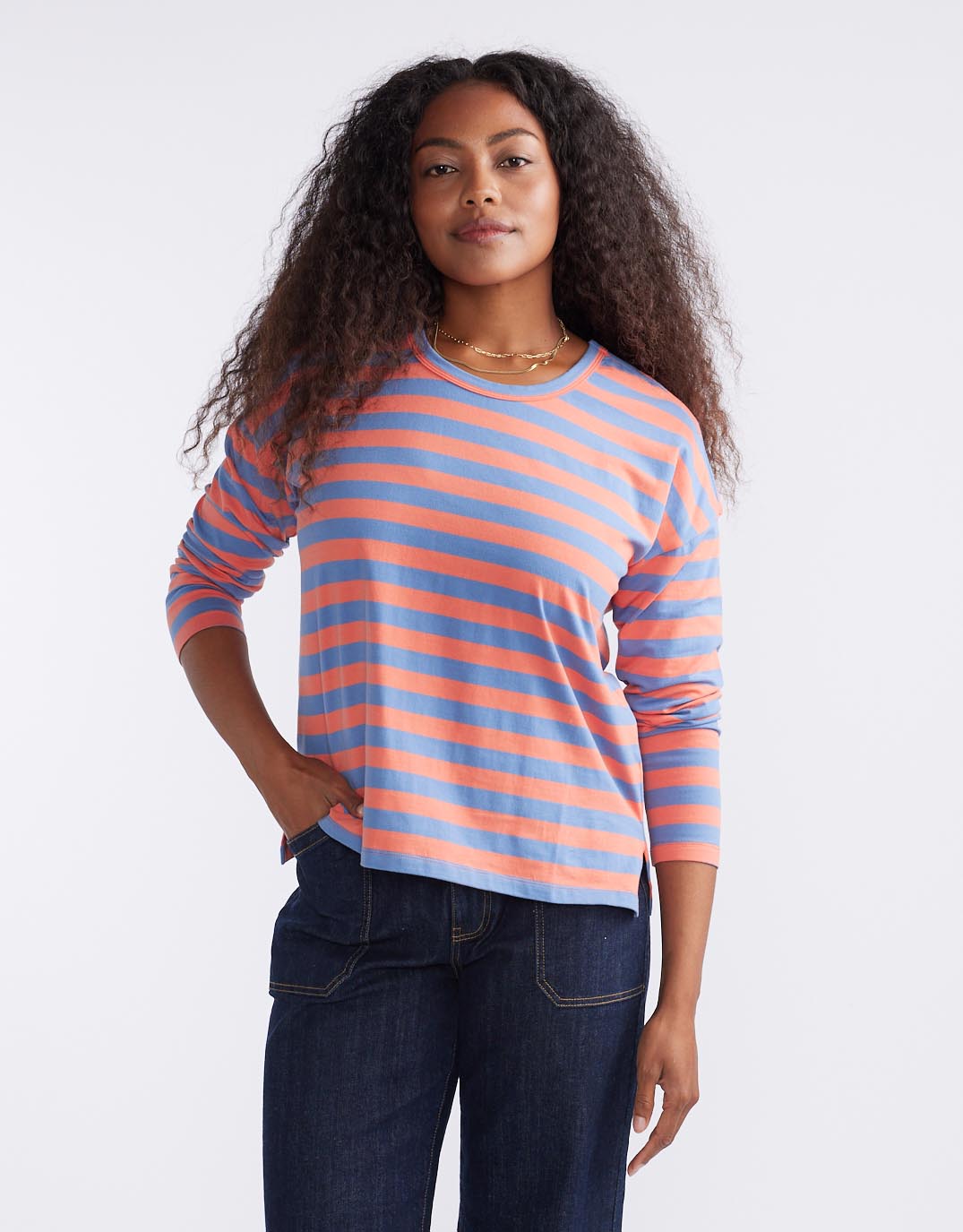Relaxed Long Sleeve T-Shirt - Melon/Denim Stripe