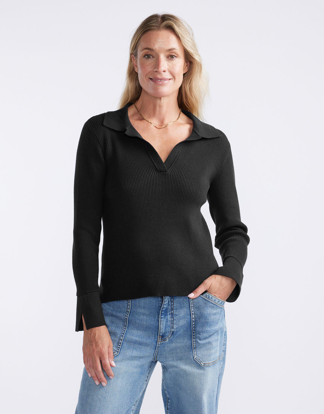 The Refined Rib Long Sleeve Top - Black