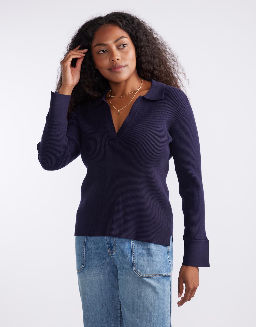 The Refined Rib Long Sleeve Top - Navy